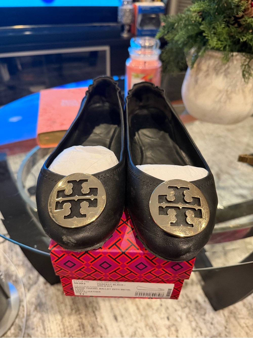 Tory Burch Black Nappa Leather Ballet Flats with Gold Logo Medallion